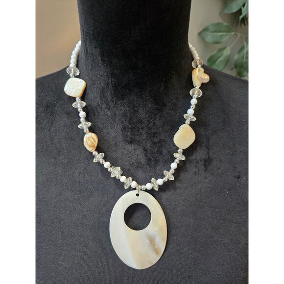 Women's White Beaded Pendant Necklace With Lobster Clasp and Shell Accents - Picture 1 of 4